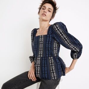 Madewell Lightspun Millbrook Puff-Sleeve Peplum Top in Geo Print - Size M